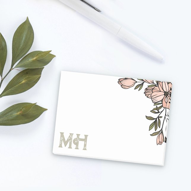 Blush Florals Distressed Olive Initials Post-it Notes (Creator Uploaded)