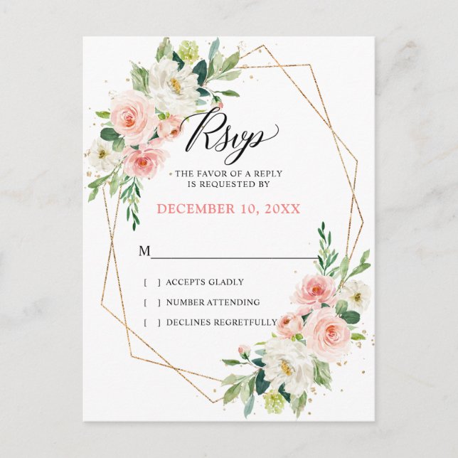 Blush Florals Gold Modern Geometric Frame RSVP Postcard (Front)