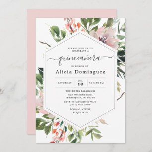 Blush Florals & Greenery Watercolor Quinceañera Invitation