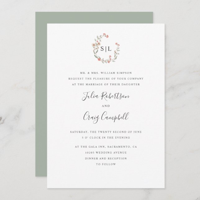 Blush flower bunch  formal monogram wedding invitation (Front/Back)
