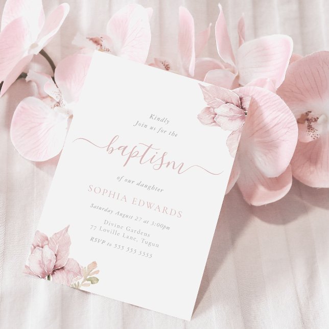 Blush Flower Petals Elegant Girls Baptism Invitation (Creator Uploaded)