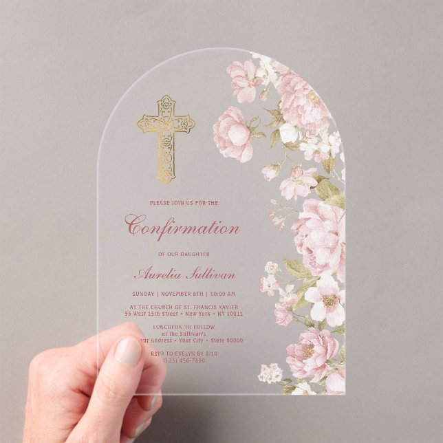 Blush Flowers Arch Confirmation Acrylic Invitations (Insitu (Handheld))