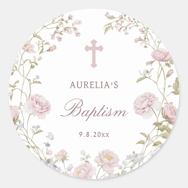 Blush Flowers Baptism Classic Round Sticker (Front)