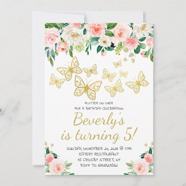 Blush Flowers Butterfly Girls Birthday Party Invitation (Front)