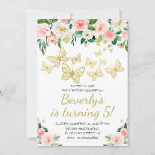 Blush Flowers Butterfly Girls Birthday Party Invitation