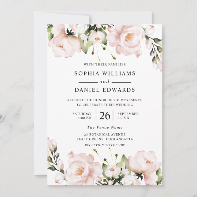 Blush Flowers Elegant All Seasons Wedding Invitation (Front)