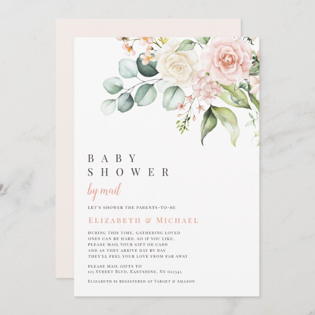 Blush Flowers Eucalyptus Baby Shower By Mail Invitation (Front/Back)