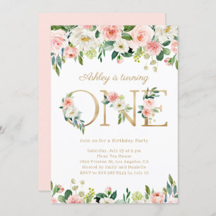 Blush Flowers Gold ONE Floral First Birthday Invitation