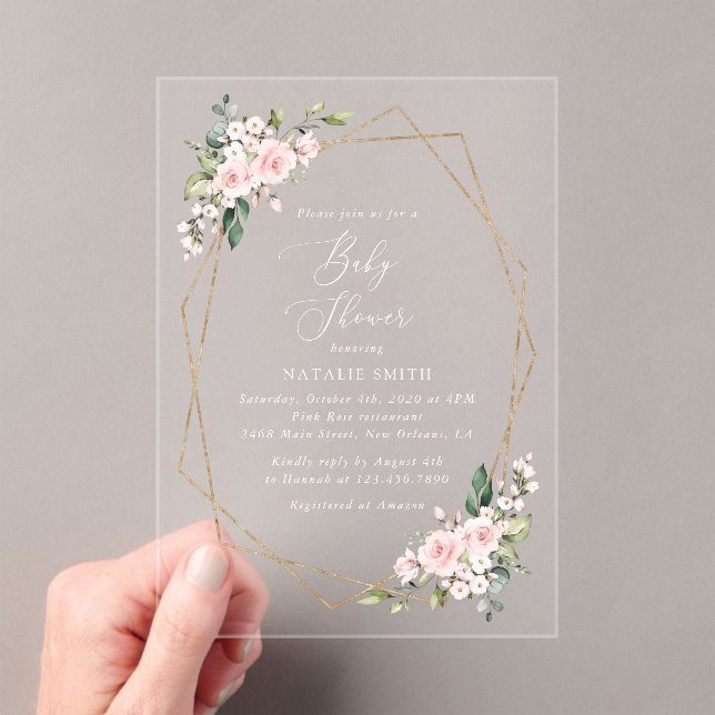 Blush Flowers, Pink Flowers, Boho, Baby Shower Acrylic Invitations (Insitu (Handheld))