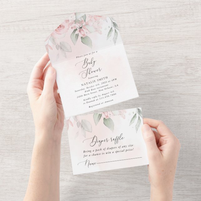 Blush Flowers, Pink Flowers, Boho, Baby Shower All In One Invitation (Tearaway)