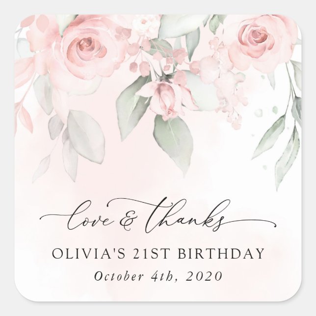 Blush Flowers, Pink Flowers, Boho, Birthday Square Sticker (Front)