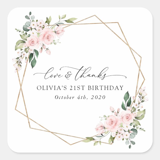Blush Flowers, Pink Flowers, Boho, Birthday Square Sticker (Front)