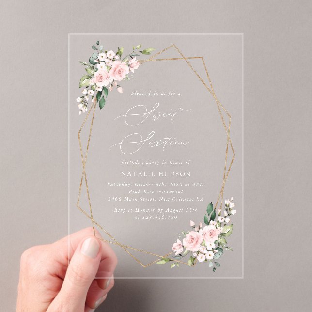 Blush Flowers, Pink Flowers, Boho, Sweet 16 Acrylic Invitations (Insitu (Handheld))