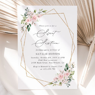 Blush Flowers, Pink Flowers, Boho, Sweet 16 Invitation