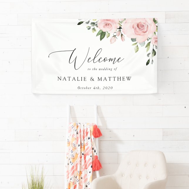 Blush Flowers, Pink Flowers, Boho, Wedding Welcome Banner (Insitu)