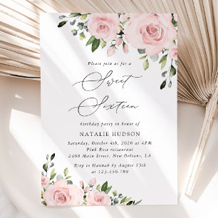 Blush Flowers, Pink Flowers, Greenery, Sweet 16 Invitation