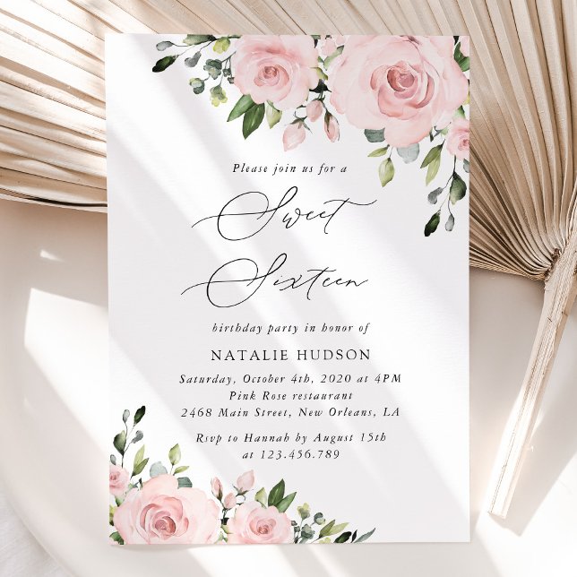 Blush Flowers, Pink Flowers, Greenery, Sweet 16 Invitation (Creator Uploaded)