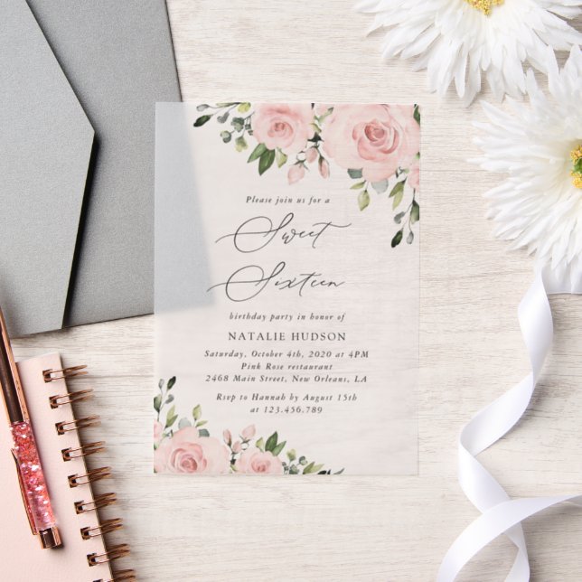 Blush Flowers, Pink Flowers, Greenery, Sweet 16 Vellum Invitations (Wedding)