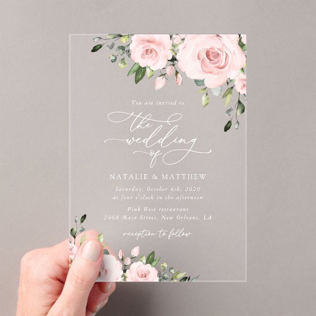 Blush Flowers, Pink Flowers, Greenery, Wedding Acrylic Invitations (Insitu (Handheld))