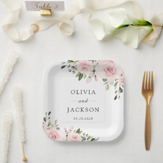 Blush Flowers, Pink Flowers, Greenery, Wedding Paper Plate