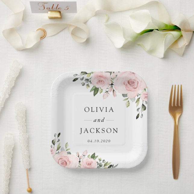 Blush Flowers, Pink Flowers, Greenery, Wedding Paper Plate (Wedding)