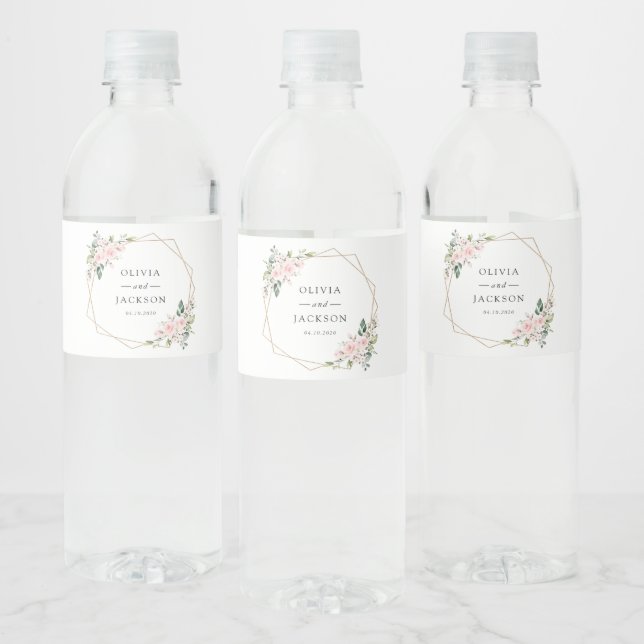 Blush Flowers, Pink Flowers, Greenery, Wedding Water Bottle Label (Bottles)