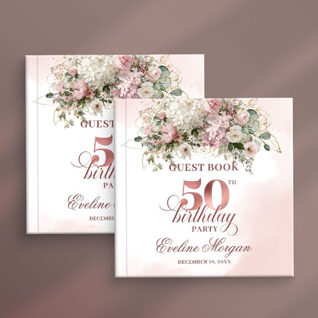 Blush Flowers Rose Gold Greenery 50th Birthday   Guest Book (Blush Flowers Rose Gold Greenery 50th Birthday Party Guest Book

)