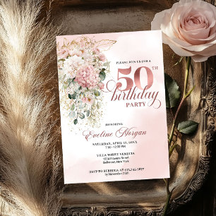 Blush Flowers Rose Gold Greenery 50th Birthday Invitation