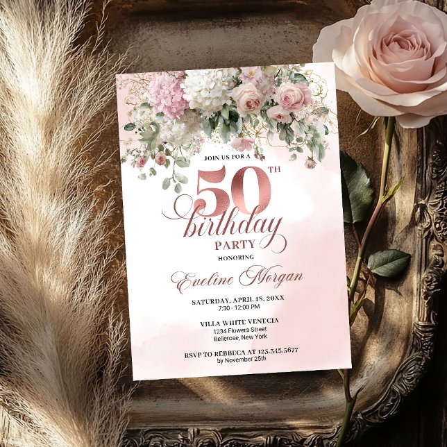 Blush Flowers Rose Gold Greenery 50th Birthday   Invitation (Blush Flowers Rose Gold Greenery 50th Birthday Invite for Women

)