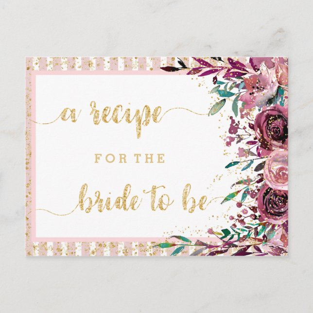 Blush Flowers Stripes Bridal Shower Recipe Card (Front)