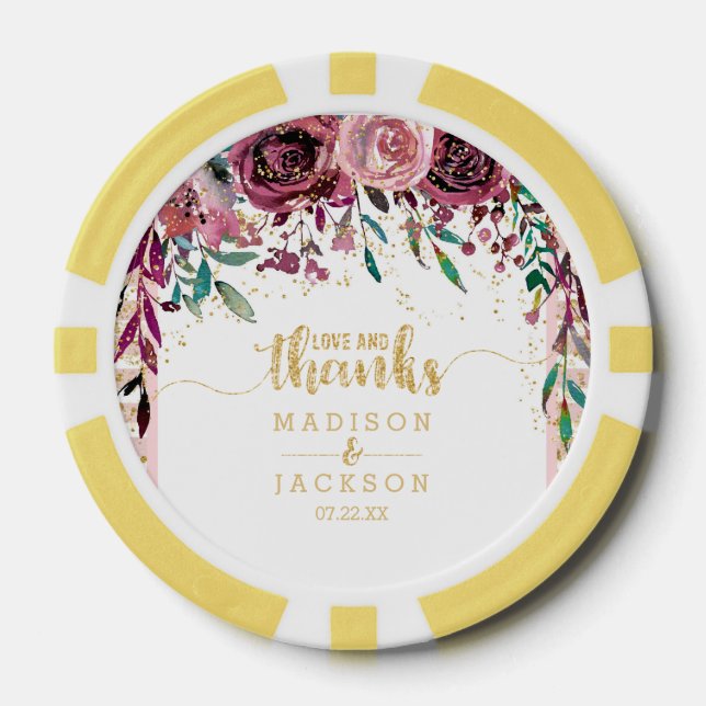 Blush Flowers Stripes Gold Confetti Wedding Favour Poker Chips (Front)