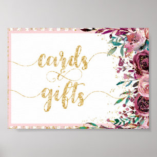 Blush Flowers Stripes & Gold Wedding Cards & Gifts Poster