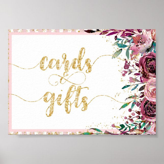 Blush Flowers Stripes & Gold Wedding Cards & Gifts Poster (Front)