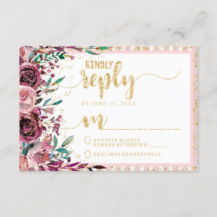 Blush Flowers Stripes & Gold Wedding Reply RSVP Card
