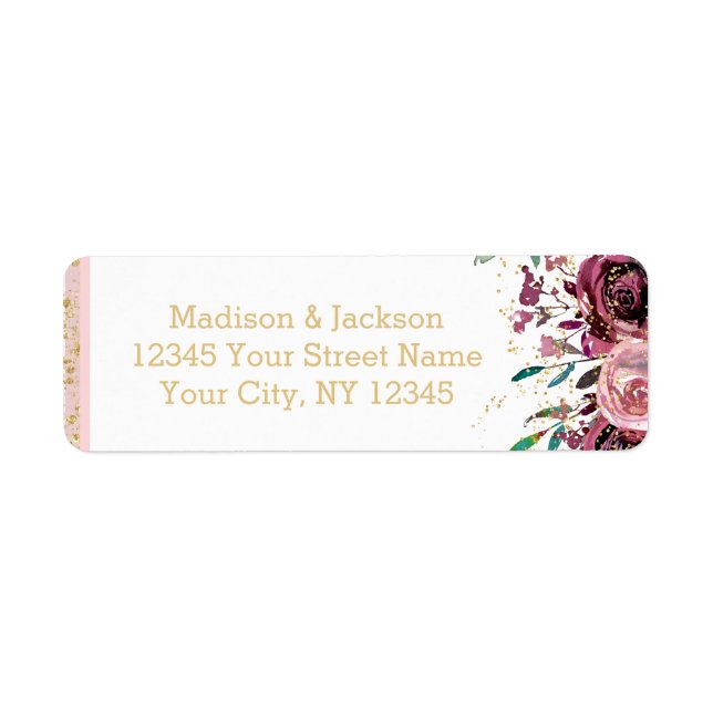 Blush Flowers Stripes Gold Wedding Return Address Label (Front)