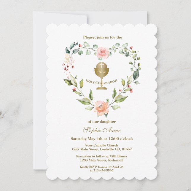Blush Flowers Wreath Girl First Holy Communion Invitation (Front)