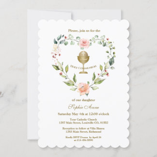 Blush Flowers Wreath Girl First Holy Communion Invitation