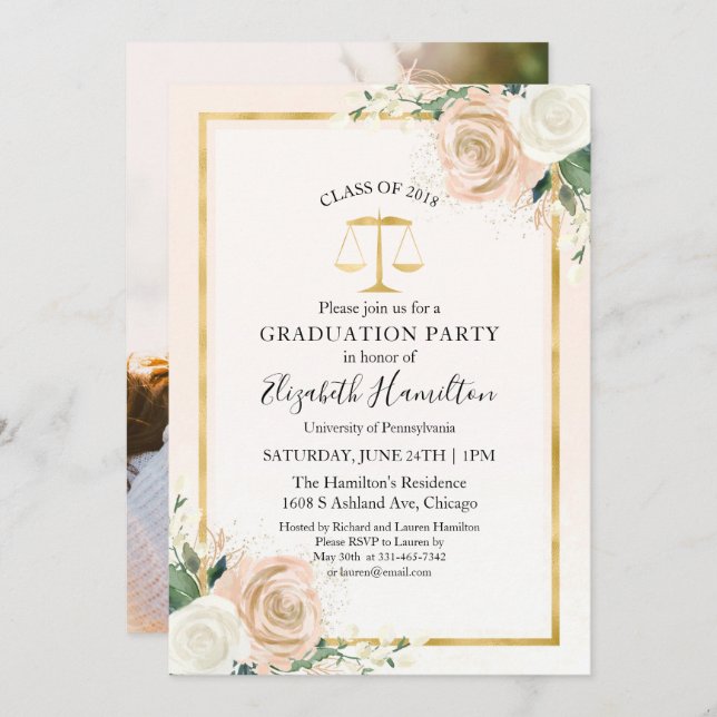Blush & Foil Gold Law School Grad Party Photo Invitation (Front/Back)