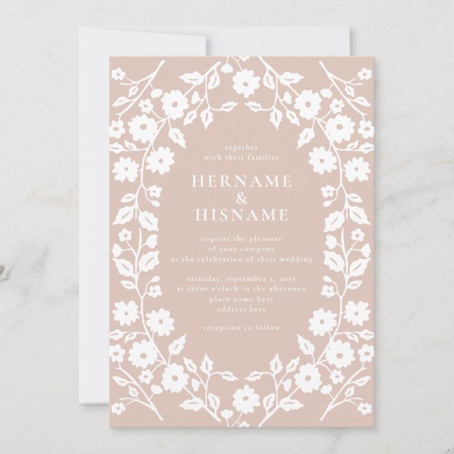 Blush Folk White Floral QR RSVP All-In-One Wedding Invitation (Front)