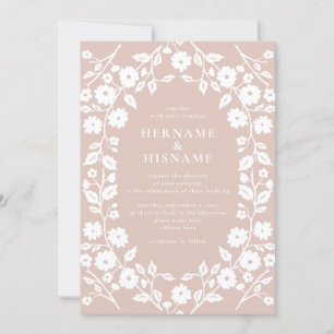 Blush Folk White Floral QR RSVP All-In-One Wedding Invitation