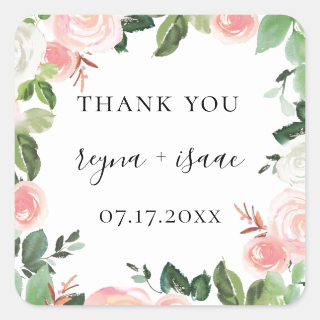 Blush Garden Floral Frame Wedding Favour Square Sticker (Front)