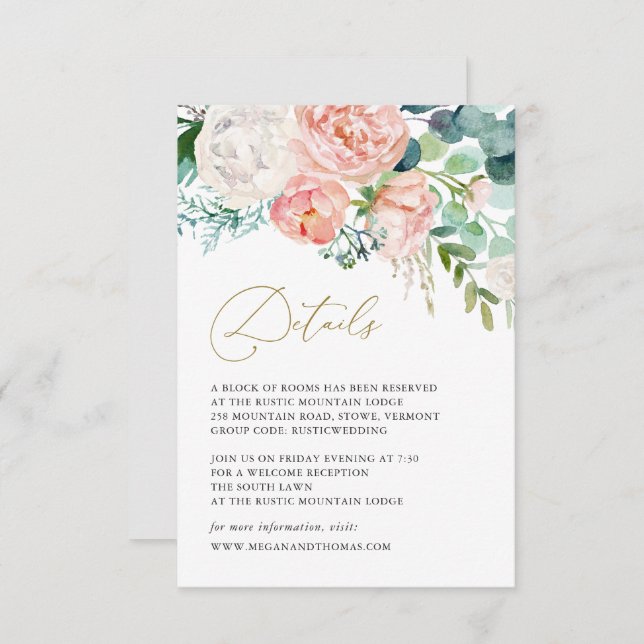 Blush Garden Floral Wedding Details Card (Front/Back)