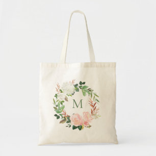Blush Garden Floral Wreath Monogram Tote Bag