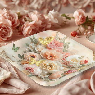 Blush Garden Roses Galentine Tea Party Florals Paper Plate