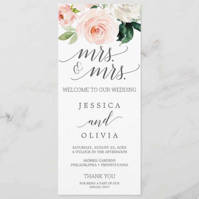 Blush Gay Wedding Program Blushing Blooms Mrs (Front)