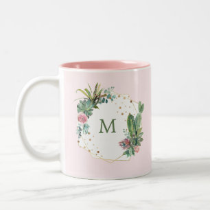 Blush Geometric Cactus with Monogram Two-Tone Coffee Mug