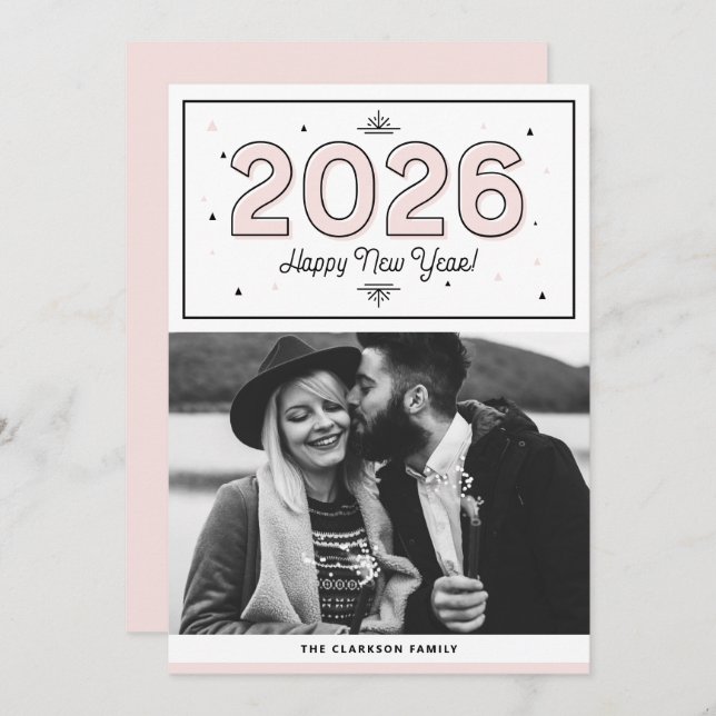 Blush Geometric Typography Photo Happy New Year Holiday Card (Front/Back)