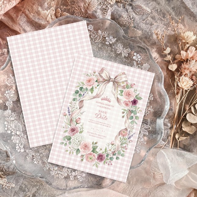 Blush Gingham Coquette Bow Quinceañera TMF26 Save The Date (Chic Quinceañera Save the Date with Blush Pink Typography and Coquette Bow over Gingham Pattern.)
