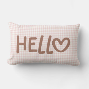 Blush Gingham Mocha Whimsical Heart Hello Lumbar Cushion