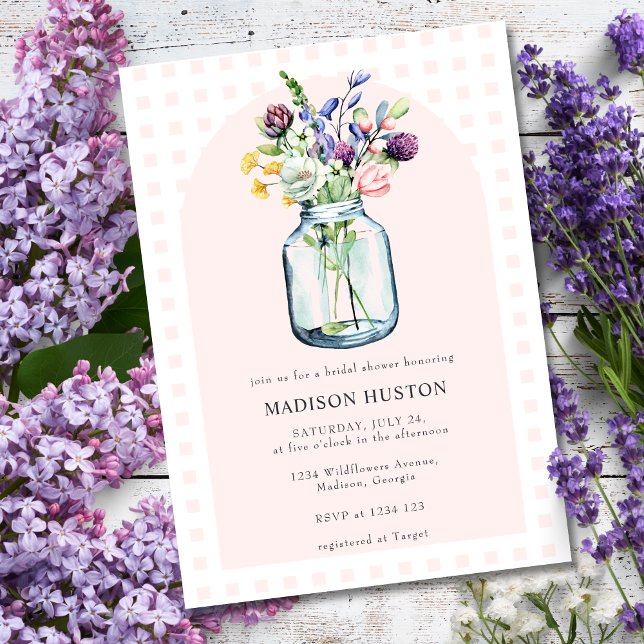 Blush Gingham & Wildflower Mason Jar Bridal Shower Invitation (Creator Uploaded)
